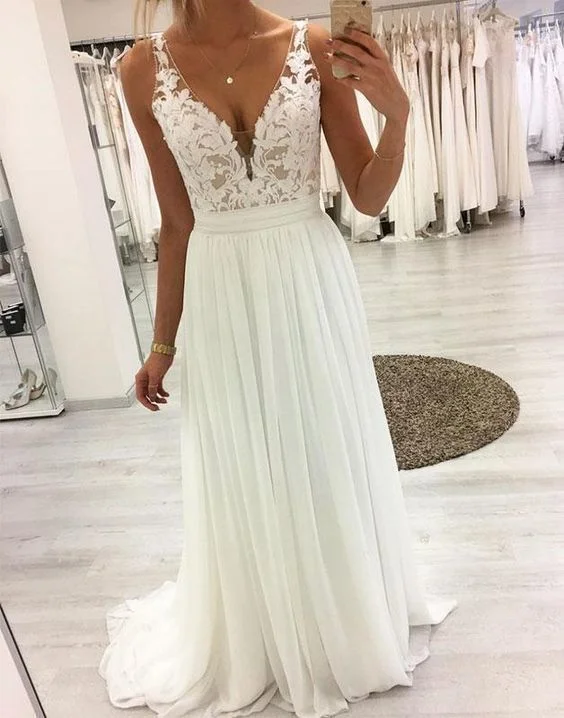 mermaid prom dressesWhite v neck lace chiffon long prom dress, white lace evening dress S4622