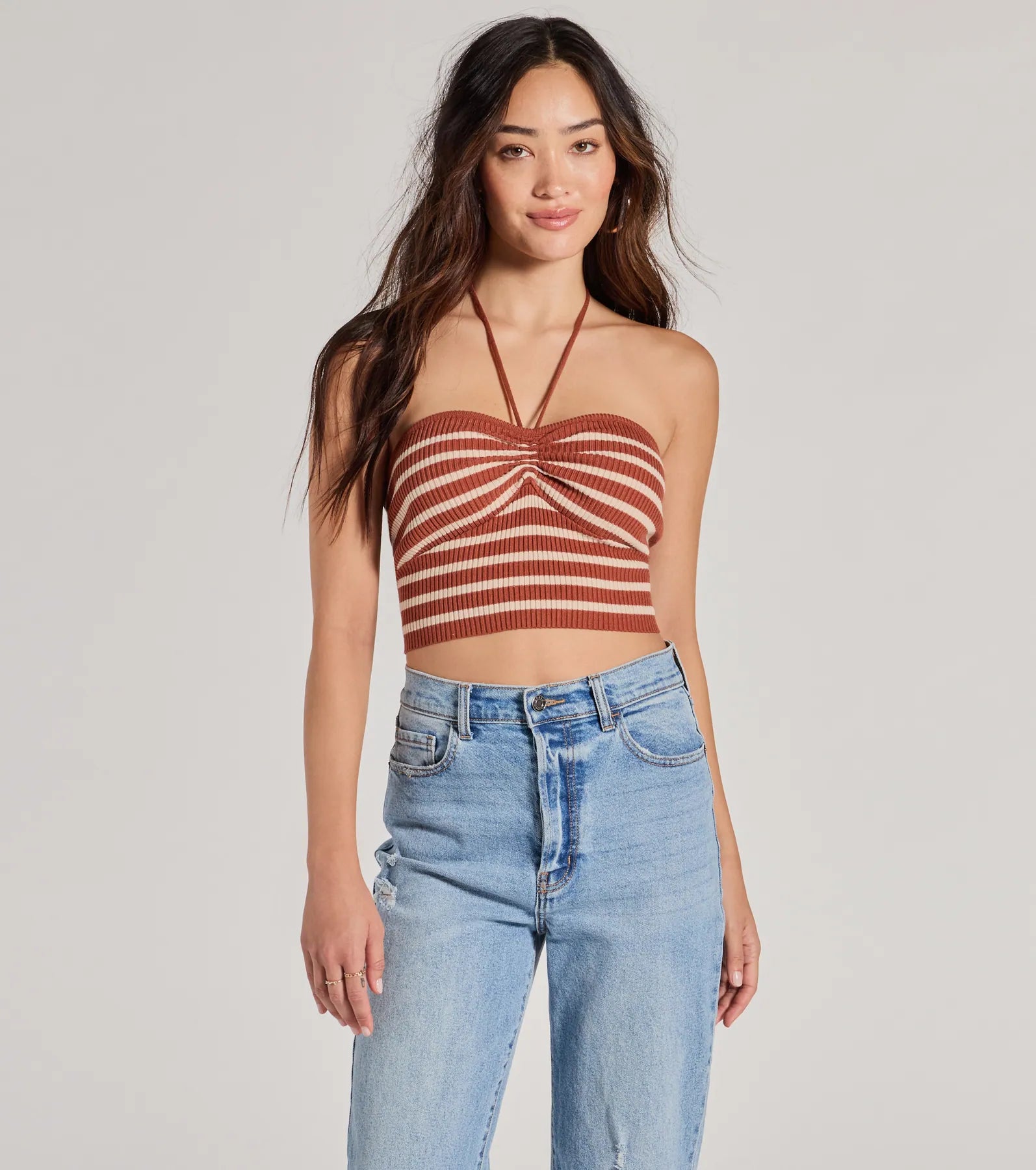 women's tops for those who want to stay on top of the latest fashion trends and wear pieces that are both stylish and on-trendTrendy In Stripes Halter Rib Knit Crop Top