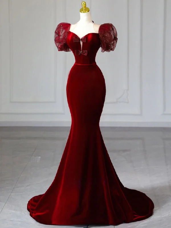 prom dress try-on ideasBurgundy Mermaid Velvet Puff Sleeve Bow Prom Dress Elegant Evening Dress Y7674