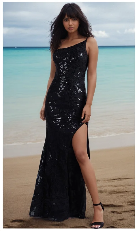 bespoke prom dressesPromGirl One-Shoulder Long Black Prom Dress with Sequins