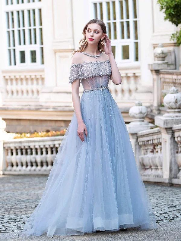 lace-up prom dressesNumberSea A-Line Tulle Beaded Luxurious Fashion Formal Evening Dresses Short Sleeves Floor Length Prom Dresses