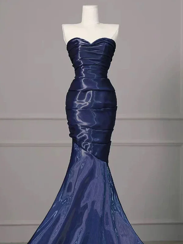 off-the-shoulder prom dressesGorgeous Nevy Blue Mermaid Strapless Pleated Long Prom Dress,Evening Dress  Y7987