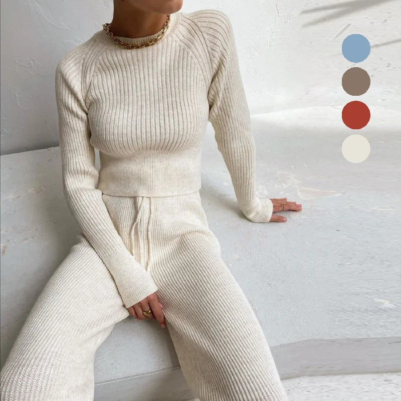 Wholesale Affordable Women's Sweaters2022 casual fashion women's solid color cardigan long-sleeved knitted trousers sweater two-piece suit