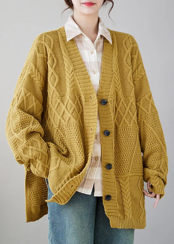 Plus-Size Quick-Dry Soft Knitted SweatersPlus Size Casual Yellow V Neck Button Knit Cardigans Coat Fall