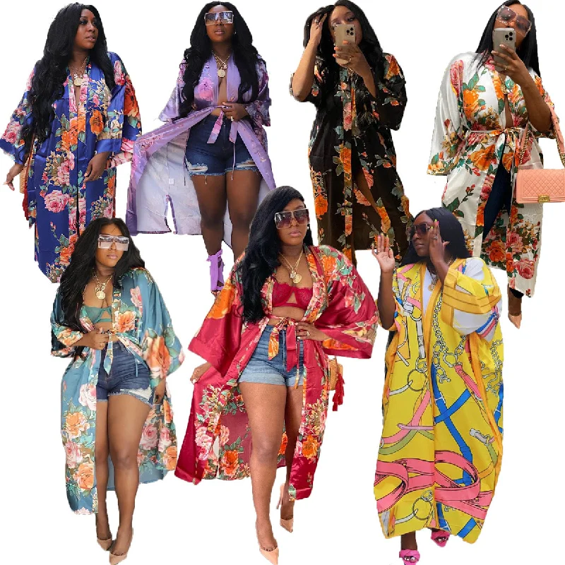 Trendy Vintage Flannel Sweaters2022 Fall Imitated Silk Fabric Casual Long Cardigan With Belt African Clothing Amazon Hot Women's Floral Print Kimono Cardigan