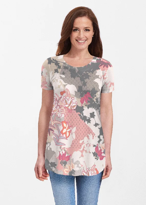 women's tops for mixing and matching with different bottomsOriental Floral Grey (7876) ~ Short Sleeve Butterknit tunic