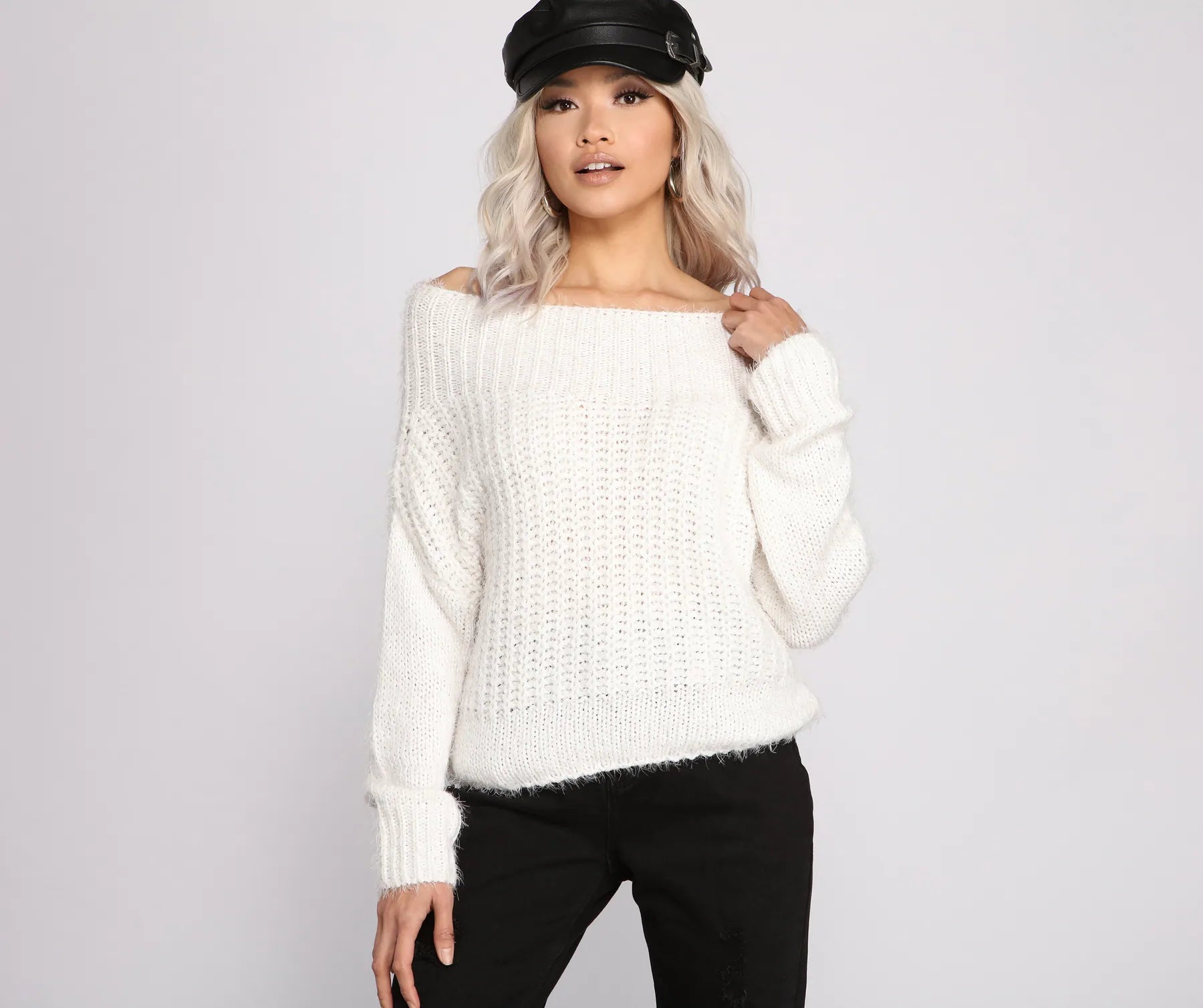 Cashmere SweatersCozy Eyelash Knit Off The Shoulder Sweater