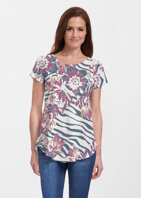 women's tops for casual FridaysZebra Posy Navy (8123) ~ Short Sleeve Scoop Neck Flowy Tunic