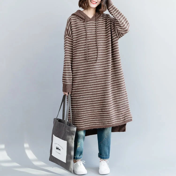 Luxurious SweatersWomen brown striped Sweater Aesthetic Quotes Funny hooded knitwear