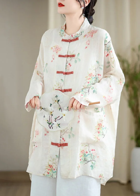 Plus-Size Quick-Dry Soft Knitted SweatersFine White Oversized Print Linen Oriental Cardigan Spring