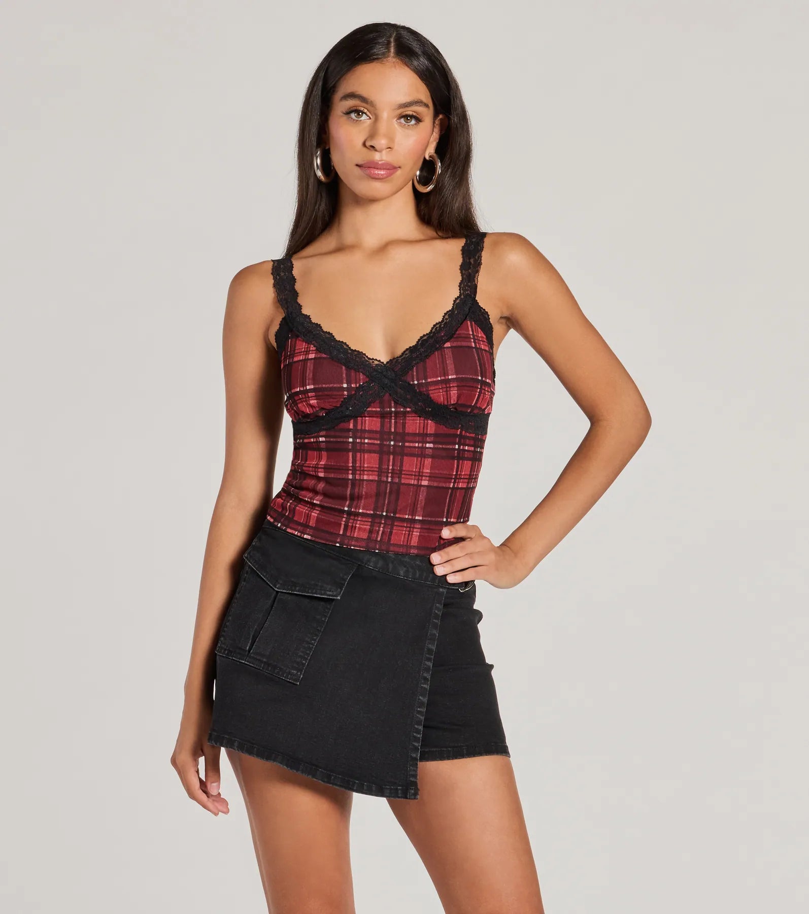 three-quarter sleeve women's topsCheck Me Out Lace Trim Plaid Crop Top