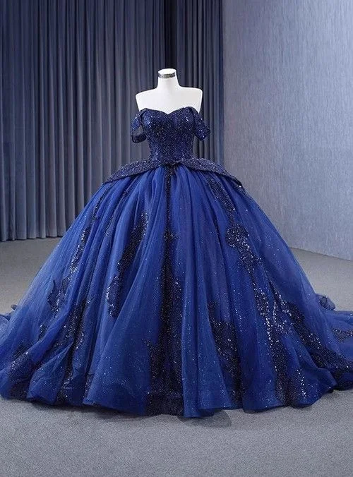 prom dress preservationLuxurious Off The Shoulder Sequins Beaded Tulle Ball Gown Navy Blue Birthday Prom Dress Y7681