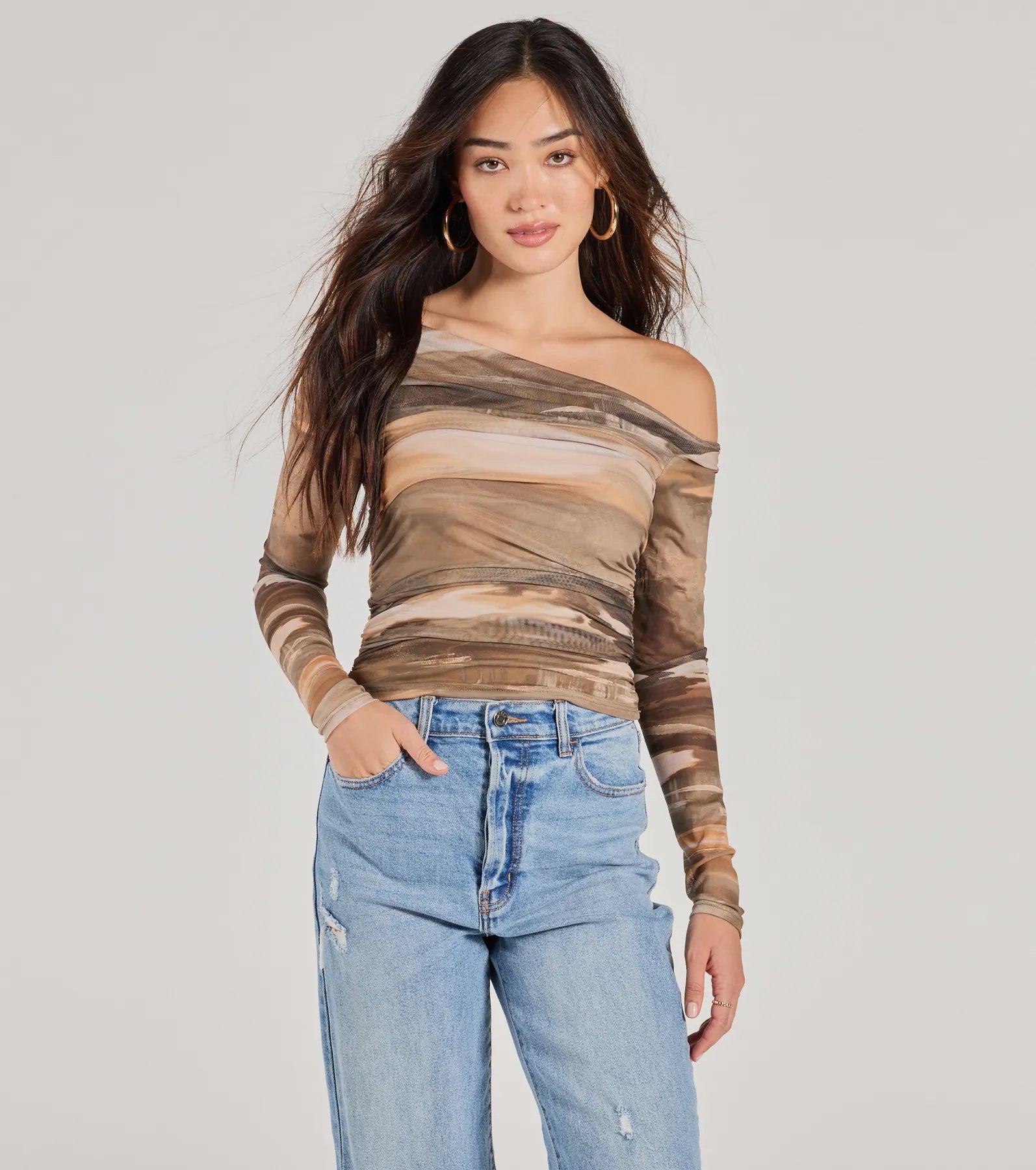 women's tops with unique designsTrendy Abstract Mesh Off-Shoulder Top