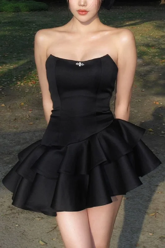 lace-up prom dressesChic Strapless Black Satin Short Prom Dress, Layered Homecoming Dress Graduation Dress Y7622