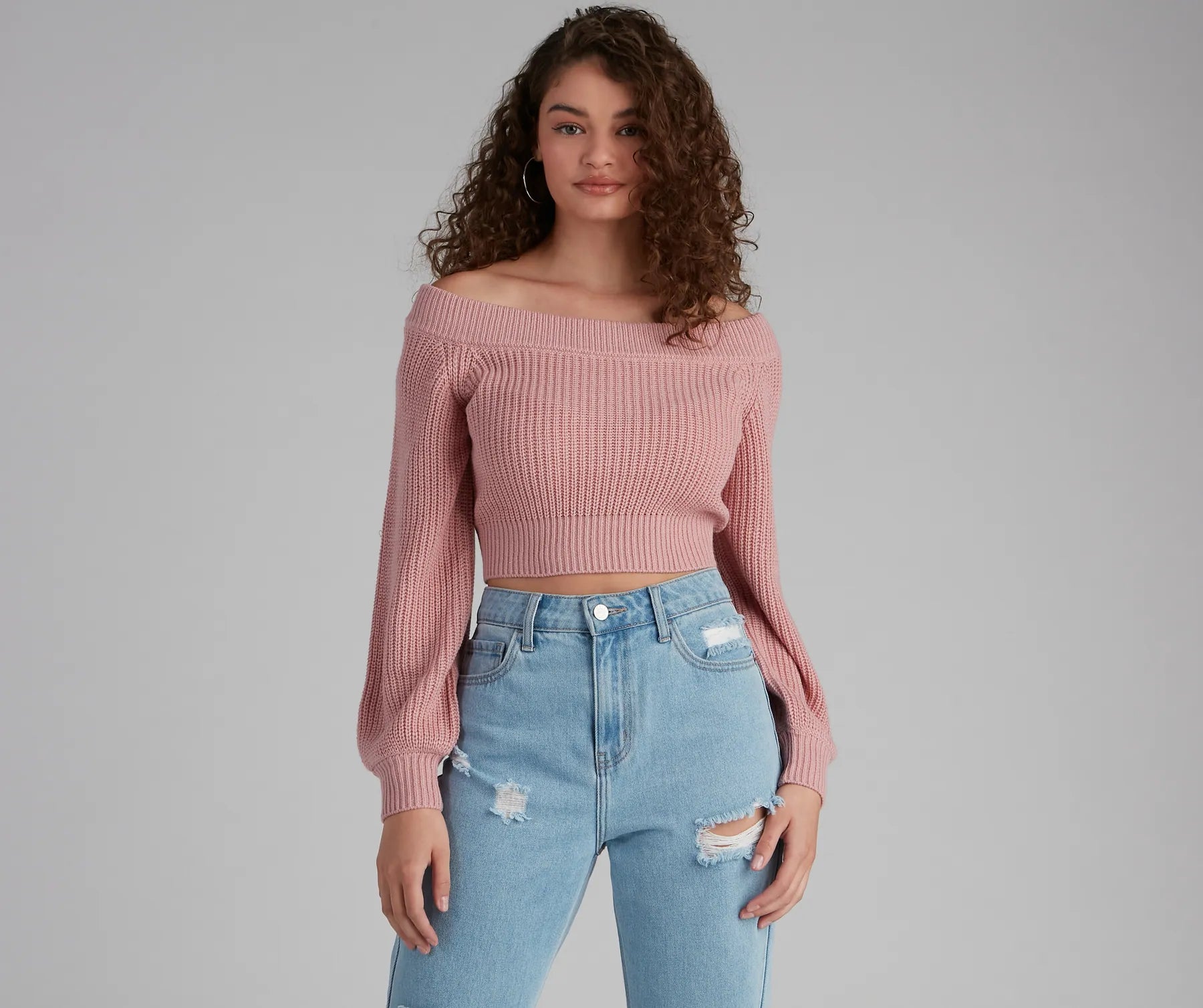 High-Neck SweatersStay Cute Off-the-Shoulder Sweater