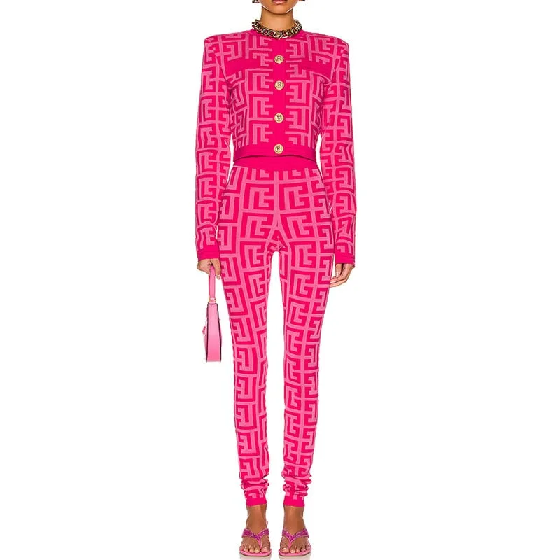 Comfortable Dressy SweatersWomen Maze Cardigan Suit + Trousers Two Piece Pink Sweater Suit