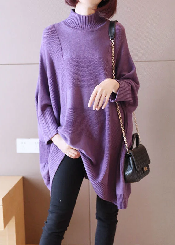 Fashionable Funky Hooded Cashmere SweatersArt Purple Turtleneck Solid Loose Fall Long Sweater