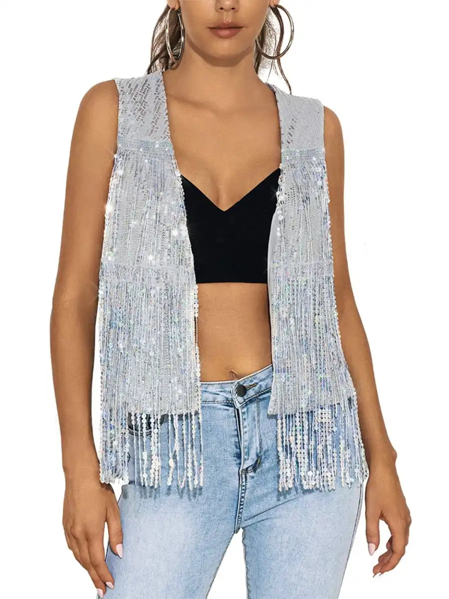 Retro Stylish Flannel SweatersSleeveless Cardigan Silver Sequin Fringe Vest Jacket