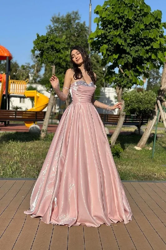 mermaid prom dressesCharming Pink Strapless Beading A Line Long Prom Dress With Detachable Sleeves Y7645