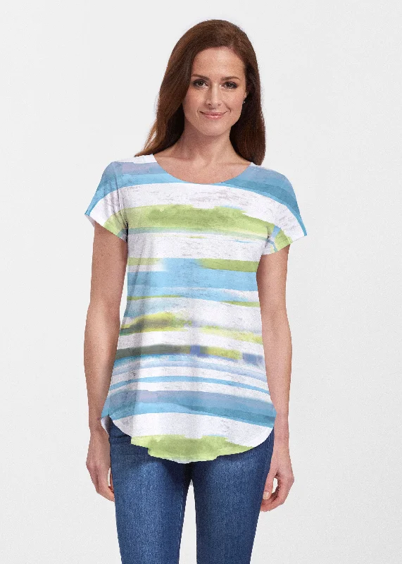 women's tops for those who want to elevate their everyday wear with chic and elegant piecesMulti Stripe Blue (7843) ~ Signature Short Sleeve Scoop Neck Flowy Tunic