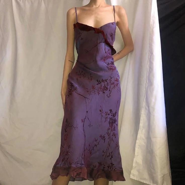 satin prom dressesVintage Print Ruffles Evening Dress Purple Straps Prom Dress Y7876