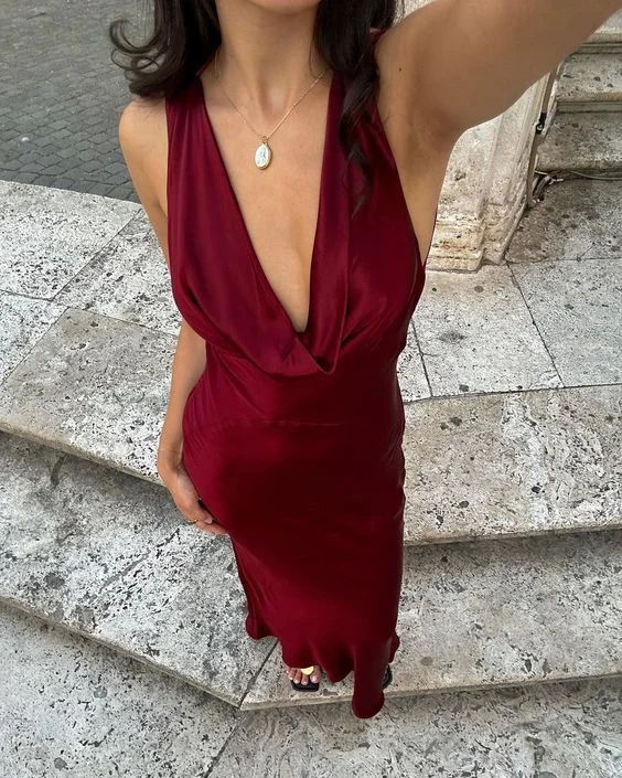 illusion neckline prom dressesDeep V Neck Burgundy Satin Sheath Prom Dress Sexy Evening Dress Y7785