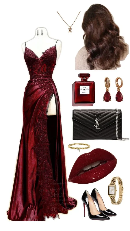 corset prom dressesElegant Burgundy Straps Appliques Mermaid Long Slit Slit Prom Dress  Y7711