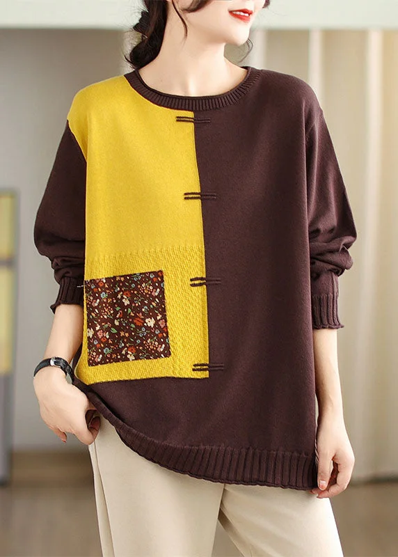 Comfortable SweatersWomen Yellow Print Patchwork Cotton Knit Sweaters Fall