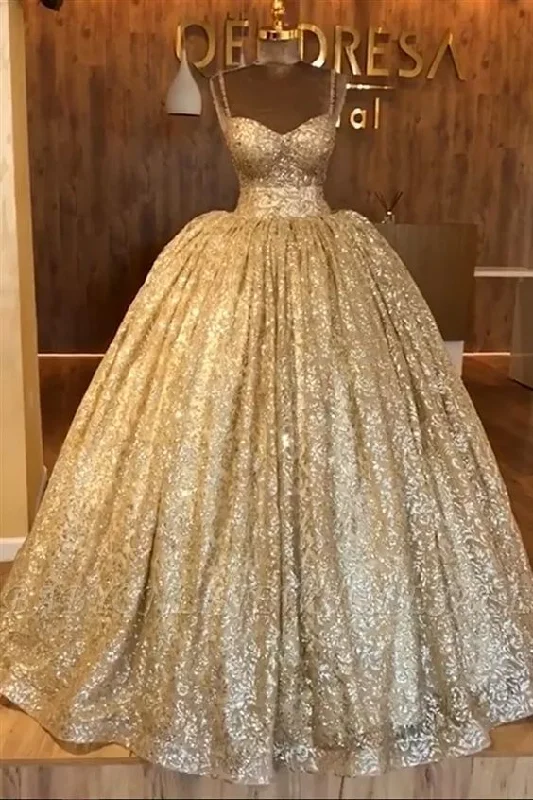 prom dresses for hourglass figuresSpaghetti Straps Gold Evening Dress | Luxury Ball Gown Princess Open Back Prom Dress S19116