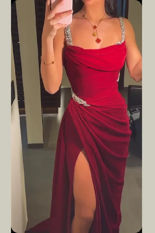 prom dresses for pear shapesVintage Burgundy Spaghetti Straps Beaded Mermaid Formal Evening Dress Prom Dress Y7688