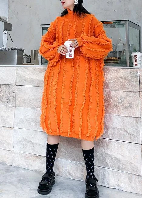 Fashionable SweatersComfy high neck tassel Sweater fall weather Upcycle orange baggy knitwear