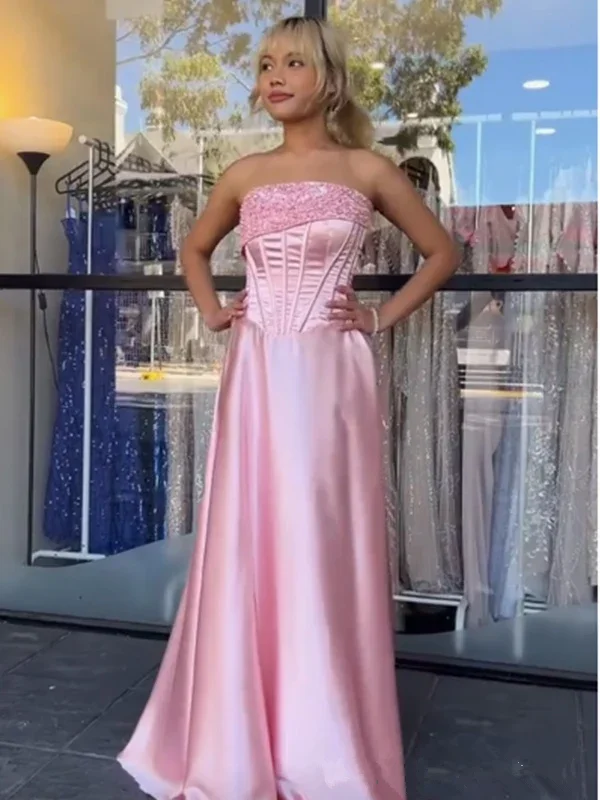 sleeveless prom dressesPink Strapless Beaded Satin Formal Mermaid Prom Evening Dress Y7866