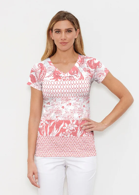 women's tops for cozy nights inPatchwork Coral (7900) ~ Signature Cap Sleeve V-Neck Shirt