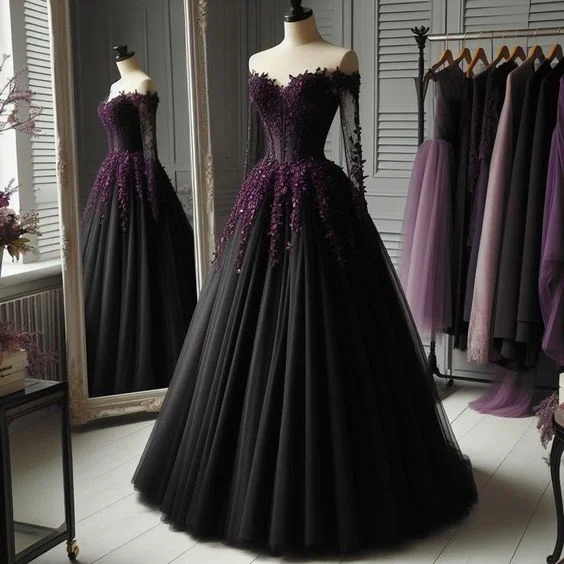 illusion sleeve prom dressesOff The Shoulder Tulle Long Formal Gown, Long Prom Dress Y7352