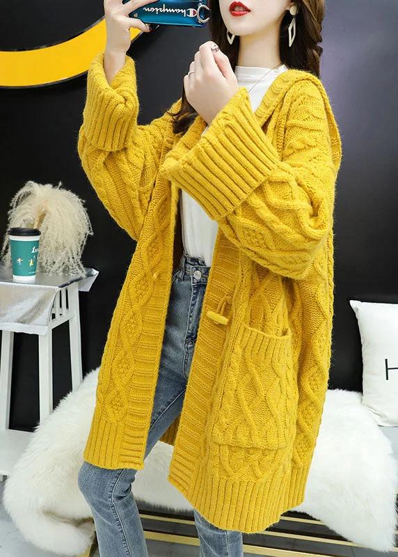 Designer SweatersVintage Yellow hooded Pockets Loose Fall Knit Sweater Coat