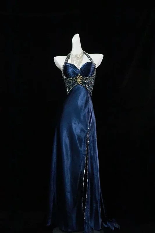 petite prom dressesLuxury Navy Blue Beaded Slit Evening Dress Formal Prom Dress Y7723