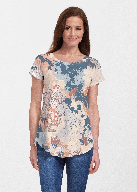 women's tops for those who love to shop for unique findsOriental Floral (7868) ~ Short Sleeve Scoop Neck Flowy Tunic