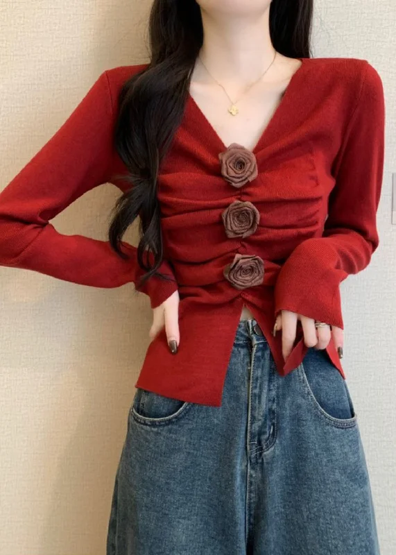 Luxurious Oversized Cardigan SweatersStylish Red Floral Wrinkled Knit Sweater Spring