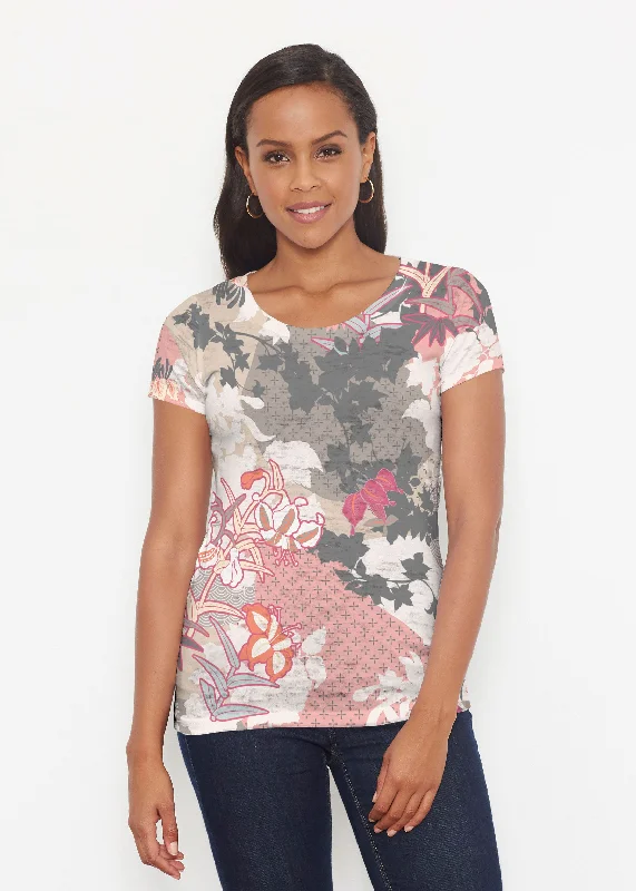 women's tops for those who love to experiment with fashionOriental Floral Grey (7876) ~ Short Sleeve Scoop Shirt