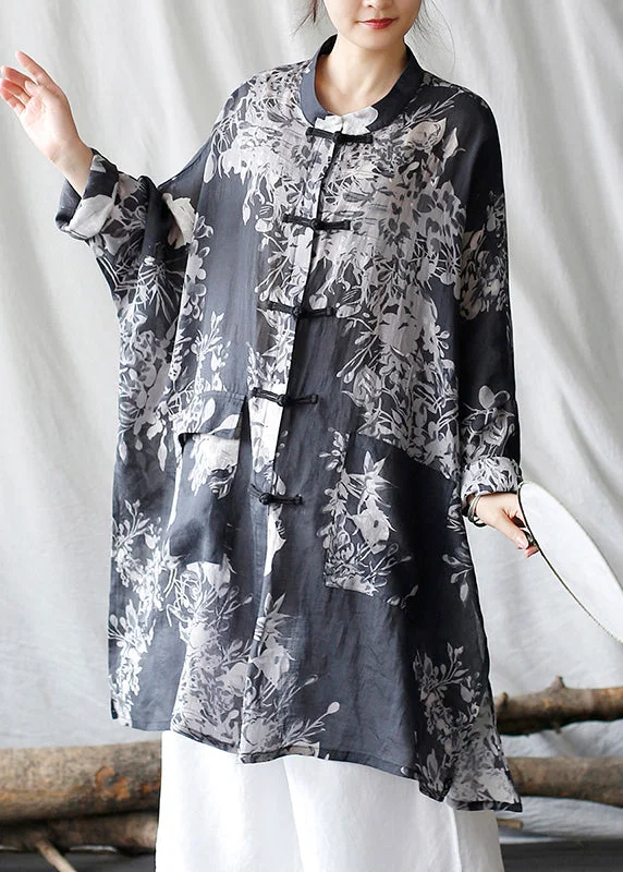 Extra-Large SweatersCasual Black Oversized Print Linen Oriental Cardigan Spring