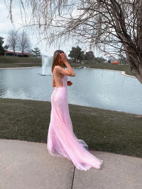 silk prom dressesPink Mermaid Long Prom Dress with Appliques  Y7435