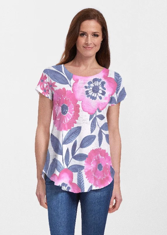 women's tops with asymmetrical designsWatercolor Blooms (13355) ~ Signature Short Sleeve Scoop Neck Flowy Tunic