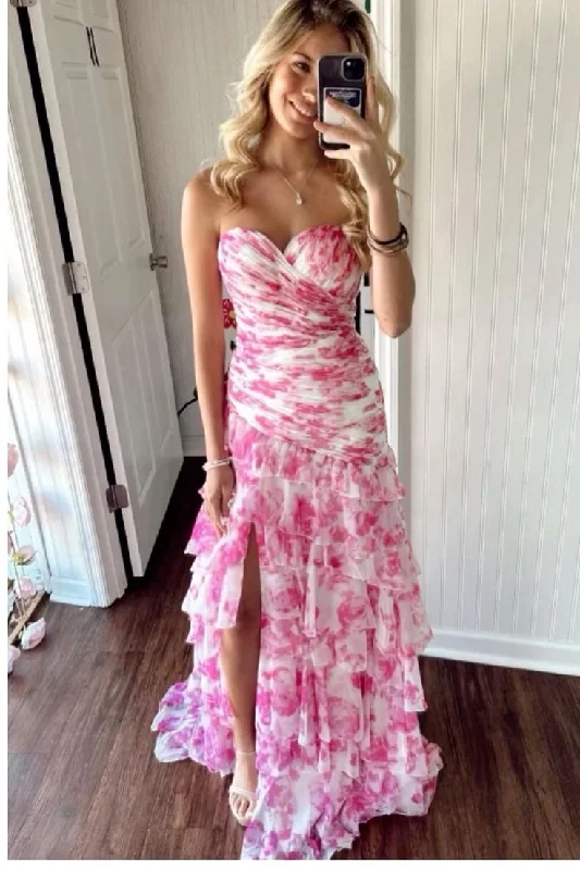 classic prom dressesPretty Strapless Chiffon Print Floral Layered Evening Dress Slit Prom Dress Y7881