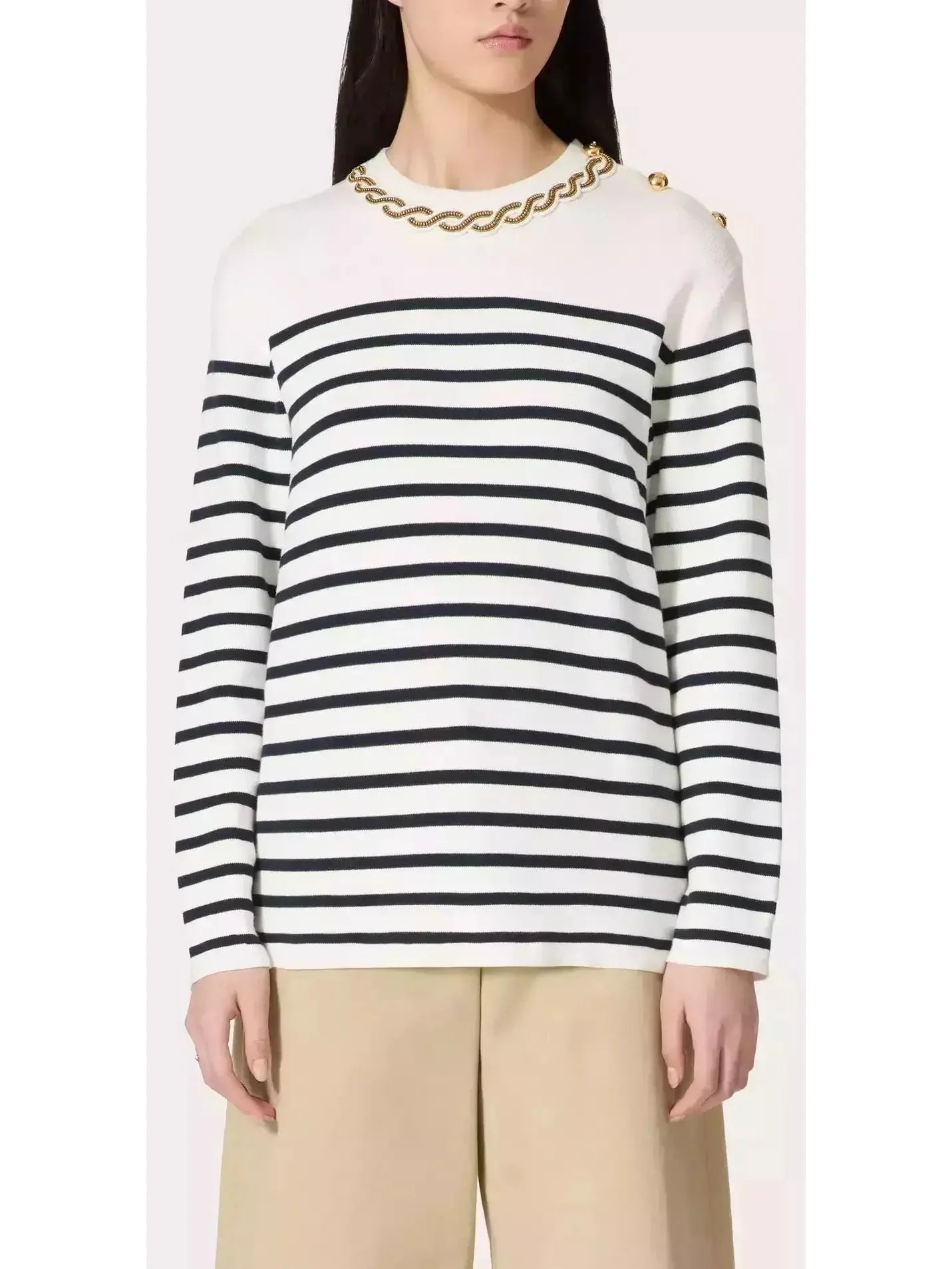 Thick Cashmere SweatersBead Link Embroidered Collar Striped Knit Sweater