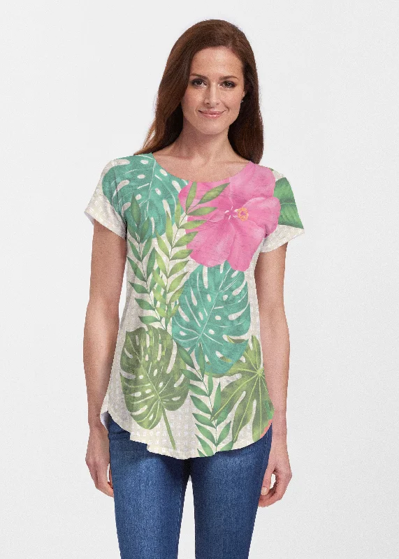 women's tops for those who love to mix and match prints and patternsWild Begonia (13489) ~ Signature Short Sleeve Scoop Neck Flowy Tunic