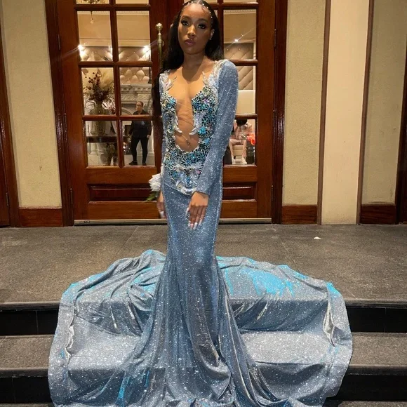 prom dress alterationsGorgeous Blue Satin Beaded Appliques Formal Prom Dress Sexy Backless Mermaid Evening Dress Y7949