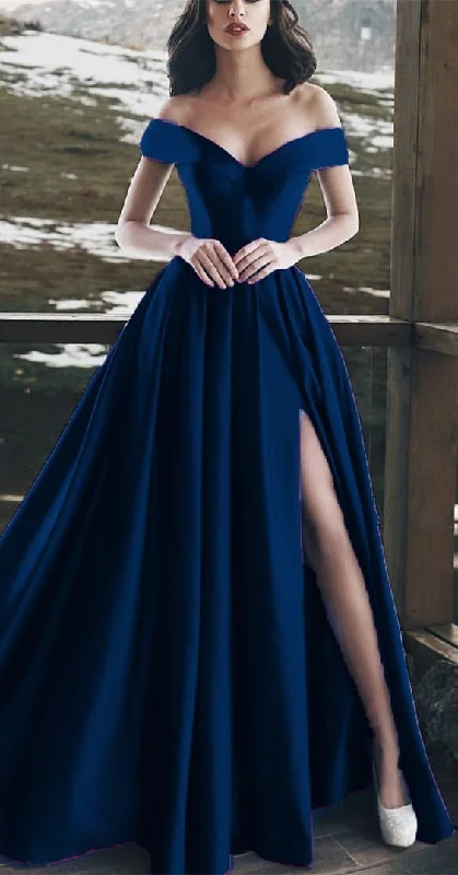 empire waist prom dressesNavy Blue Evening Gowns Long Satin Split Prom Dresses S6535