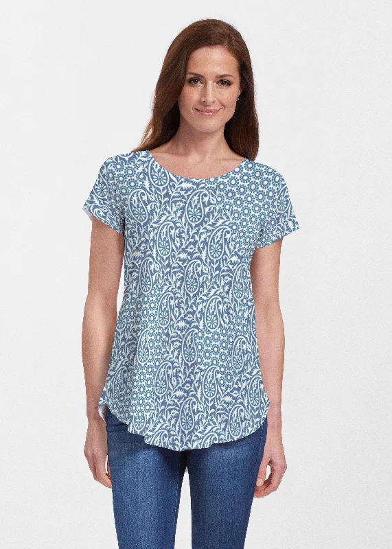 women's tops for beach outingsOakley Blue (8114) ~ Short Sleeve Scoop Neck Flowy Tunic