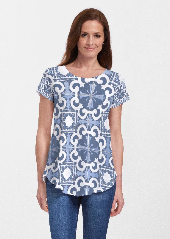 plus-size women's topsPortuguese Blue (25004) ~ Signature Short Sleeve Scoop Neck Flowy Tunic