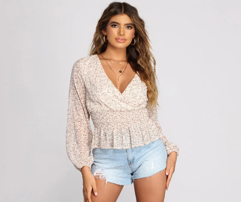 women's tops with cold-shoulder cuts and lace detailingFloral In Love Smocked Top